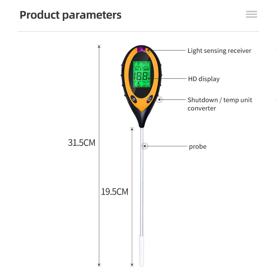 4 IN 1 Digital PH Meter Soil Tester Kit Sunlight Moisture Temperature Measuring - Image 3 of 4