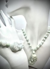 Natural Jade Set Of Carved Lotus Beaded Necklace & Bracelet with Pixiu Charm New
