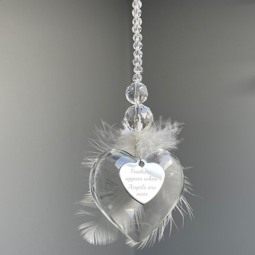 New Feathers appear when Angels are near ~ Sun Catcher ~ Glass Heart ~ Memorial - Picture 8 of 12