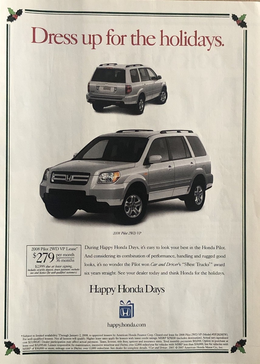 2008 Honda Pilot SUV PRINT AD Dress Up For Holidays Christmas
