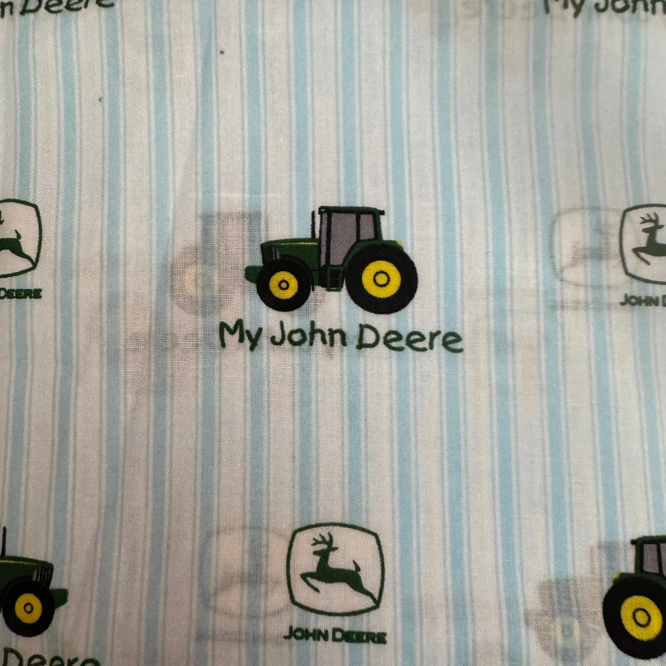 My John Deere Tractor Logo on Ticking Blue 14" Cotton Quilt Fabric Craft #917 - Image 2 of 4