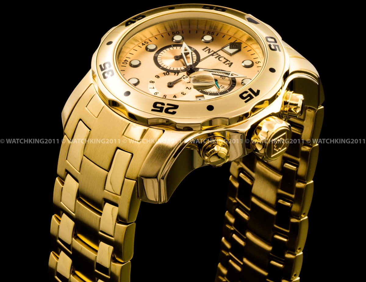 New Invicta Pro Diver Scuba 18K Gold Plated Gold Dial Chrono S.S
