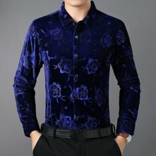 Camicie In Velluto Florale Da Uomo Slim Casual Con Maniche Lunghe Fiore