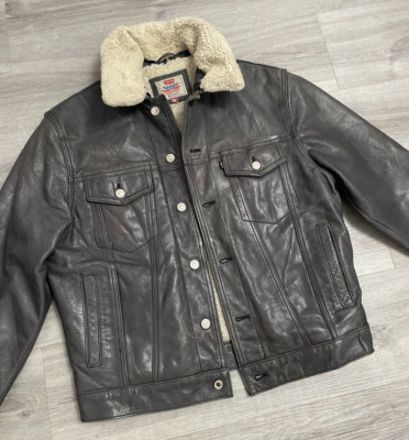 Vintage Levi's Black Tab Sherpa Leather Trucker Jacket - Grey