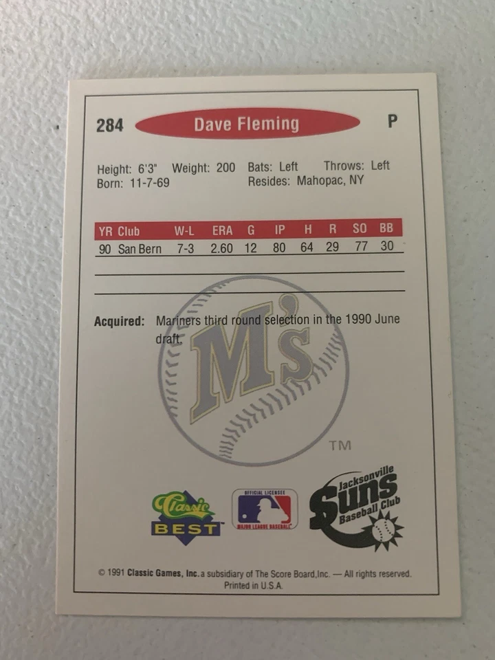 Dave Fleming autographed 1991 Classic Best minor league baseball card #284 - Image 2 of 2