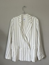 Gap Blazer Size 8 Striped Linen Ivory Blue Striped Lined Work Coastal Minimalist
