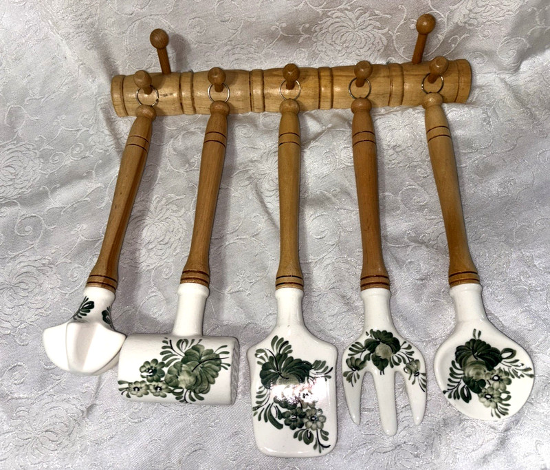 Vintage Green and White Transferware Hanging Porcelain Kitchen Utensils Set of 5