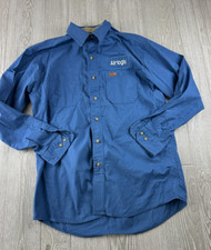 Carhartt Mens Long Sleeve Button Up Size Large Blue Shirt logo on chest
