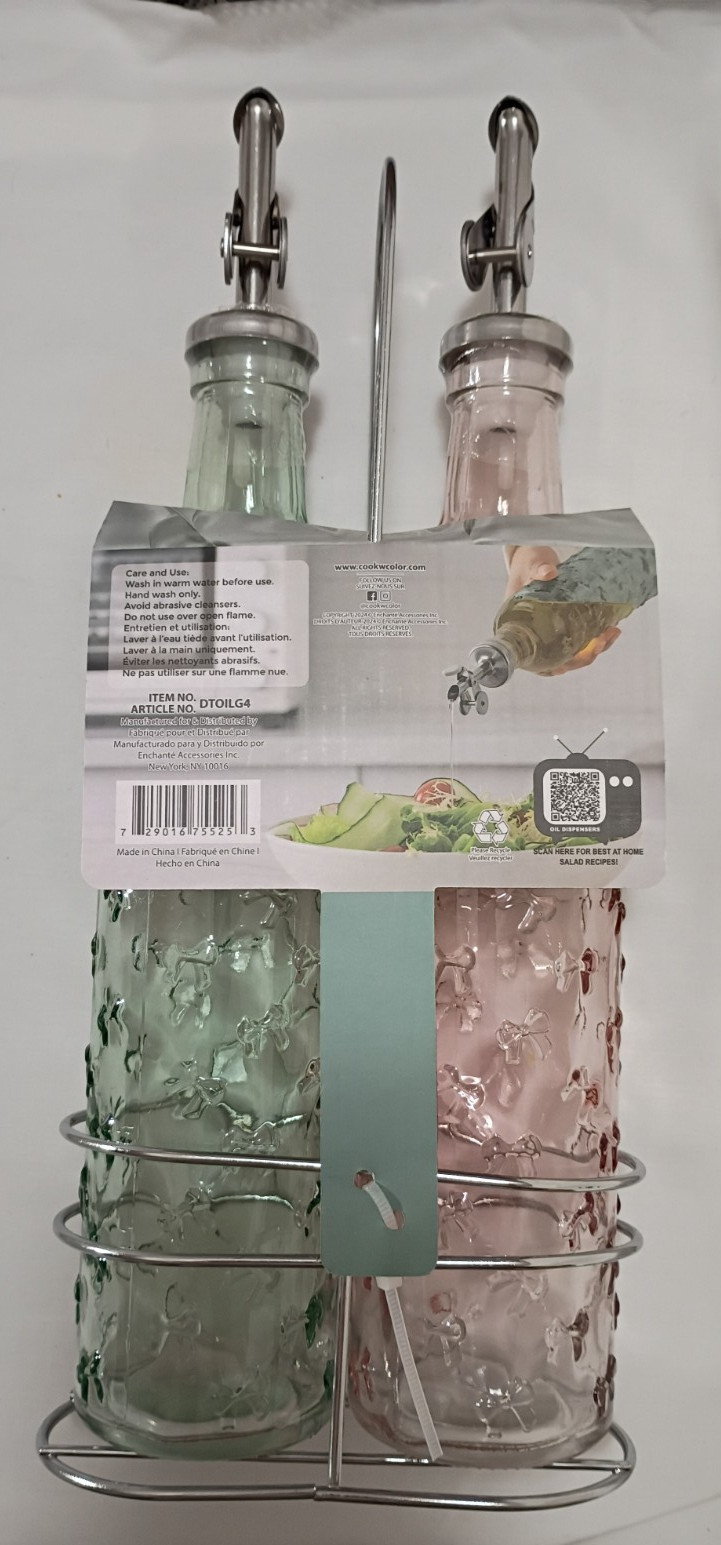 Cook With Color CWC Glass Gold Oil & Vinager Dispensers Pink & Green 17oz