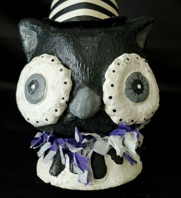 FOLKART PAPER MACHE' OWL HEAD W. BLACK & WHITE STRIPE CLOWN HAT & COLLAR FIGURE