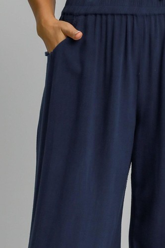 Women's Plus Size Dark Blue Linen Blend Elastic Waistband Wide Leg Pants - Picture 2 of 4