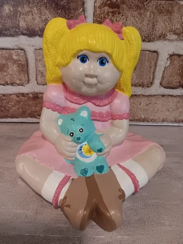 Vintage Ceramic Hand Painted Cabbage Patch Kids Doll holding Bedtime Care Bear