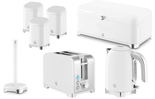 Swan Solace White Kettle Toaster Bread Bin Canisters Kitchen Roll Holder Set
