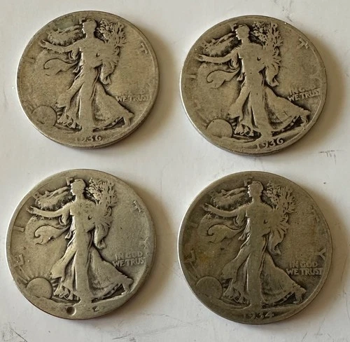 4 Walking Liberty Half Dollars Poor Condition