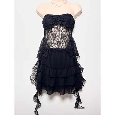 Black Sheer Floral Lace Gothic Strapless Top with Tiered Ruffle Hem 