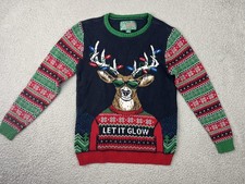 Ugly Christmas Sweater Youth Large Reindeer Let It Glow Holiday Pullover