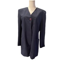 Jones New York Silk Jacket Blazer Collarless One-Button Lined Navy Size 8