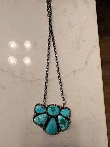 Eloise Kee Sterling Silver Turquoise Cluster Pendant Cable Chain Necklace Signed - product listing photo