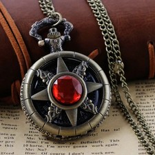 Steampunk Red Gem Compass Pocket Watch Necklace Antique Bronze Pendant