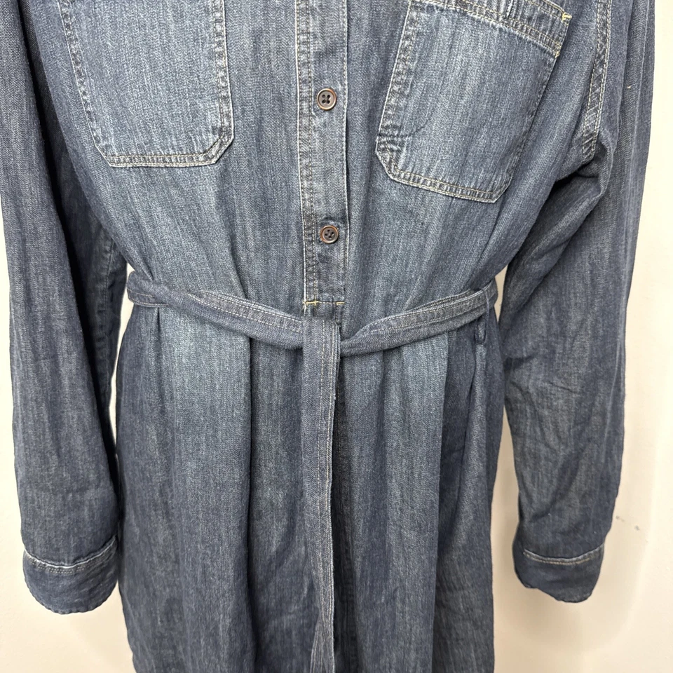 LAUREN RALPH LAUREN belted denim shirt dress size L Pockets Collar Side Slit - Image 3 of 4
