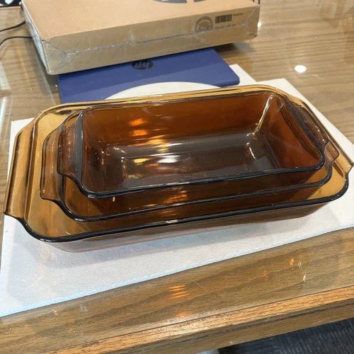 Vintage Anchor Hocking Fire King Ovenware Amber Baking Dish Set 1 - 1.5 - 2 qt