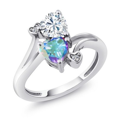 925 Sterling Silver White Moissanite Mercury Mist Mystic Topaz and Diamond Ring