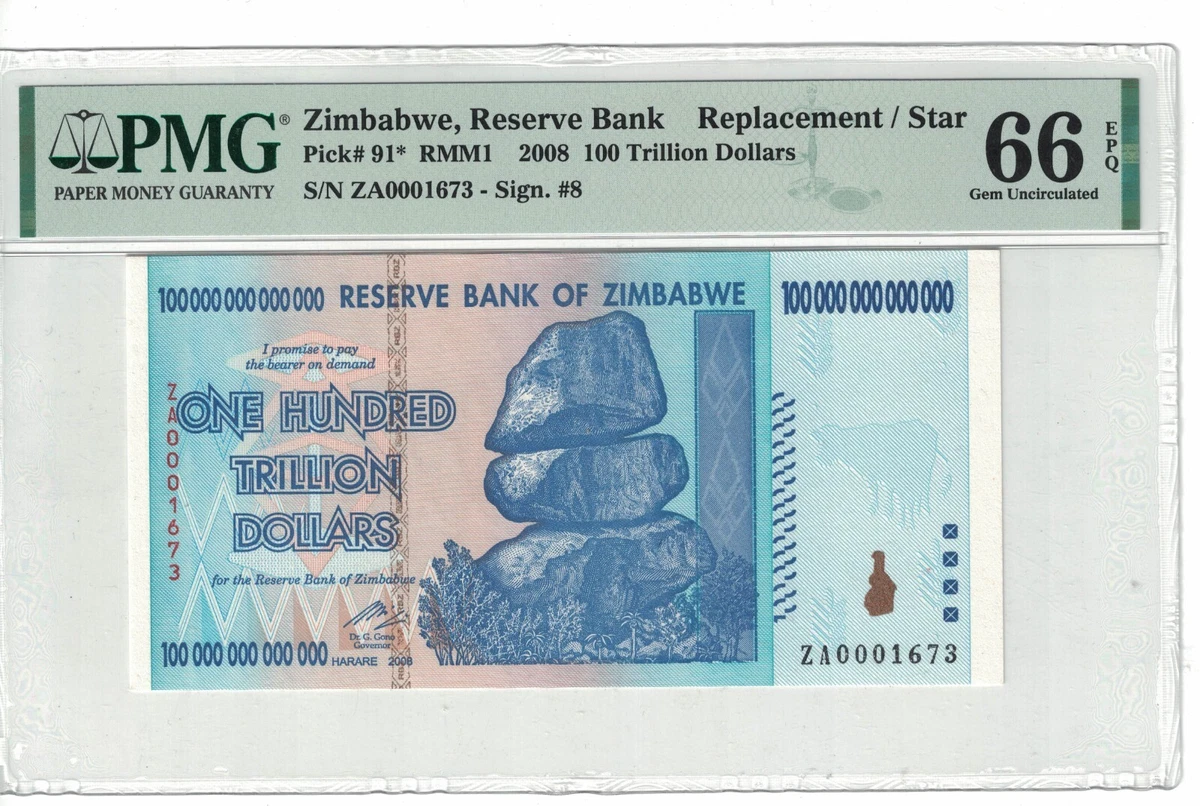 Zimbabwe Blue Bar One Hundred Trillion Dollars Banknotes