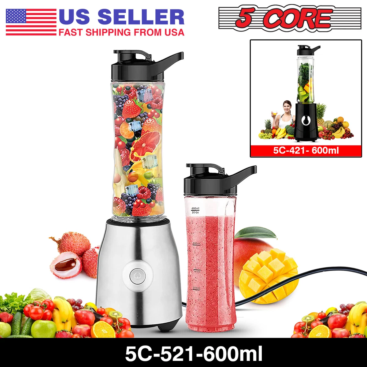 Portable Blender 2-in-1 Juicing Ice Crushing 600ml Multifunctional