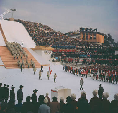 Austrian Olympic Team Marching In To The Ski Jump Arena 1964 Old Photo