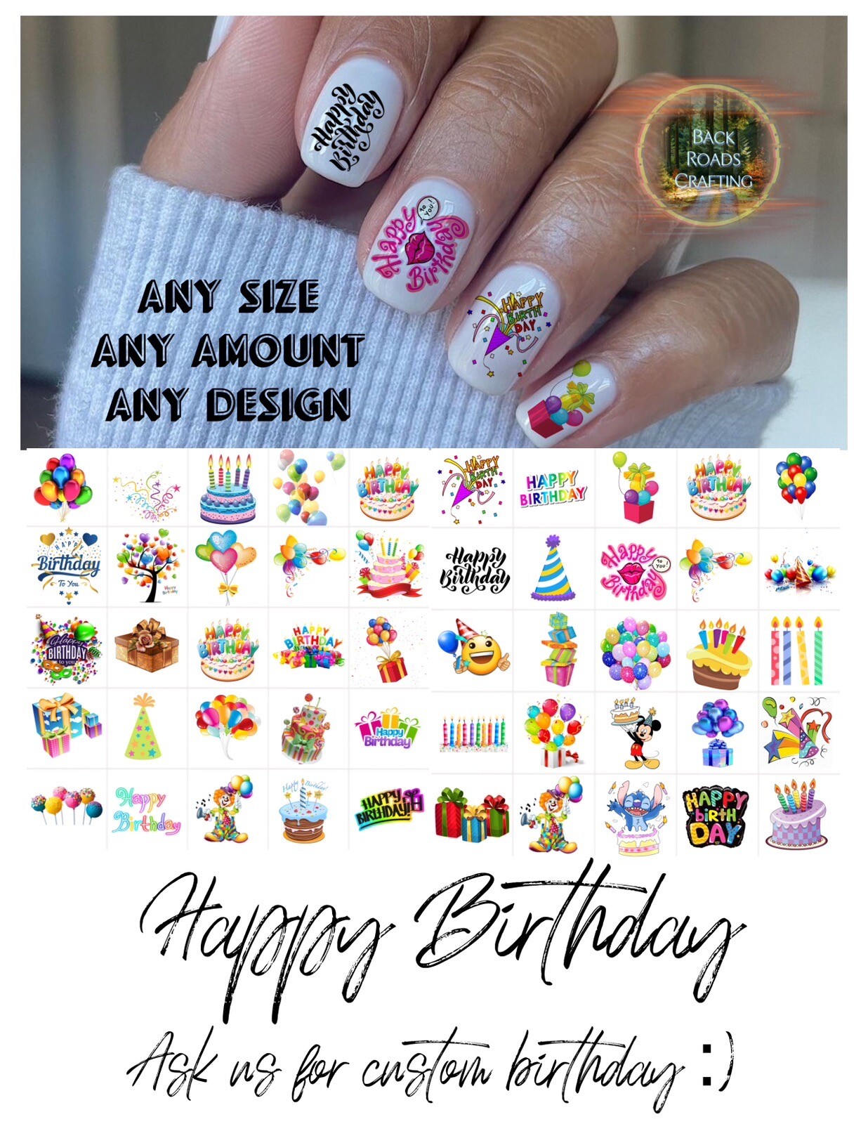 Happy Birthday Waterslide Nail Art Decals Set Of 50  Instructions & Bonus