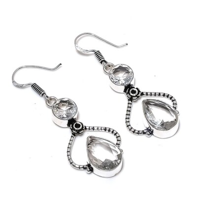 White Topaz  Gemstone Handmade 925 Sterling Silver Jewelry Earring Sz 2''