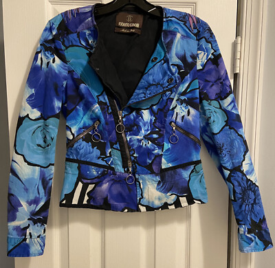 Roberto Cavalli Boutique Blue Bird Floral Printed Cotton Peplum Jacket Size 42