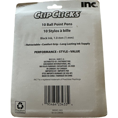 Inc Clip Clicks Retractable Ball Point Pens 1.0mm 10 Pens Black - Imagen 2 de 2