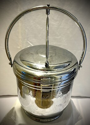 VINTAGE UNITED CHROMIUM ON BRASS HINGED LID GLASS LINER ICE BUCKET