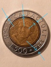 500 LIRE LUCA PACIOLI 1994 ERRORI DI CONIO