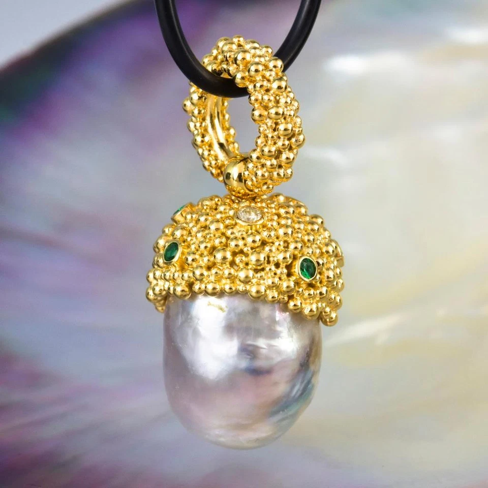 Gigantische South Sea Pearl Pendant Gold Vermeil Sterling, Diamant Smaragd - Bild 3 von 4