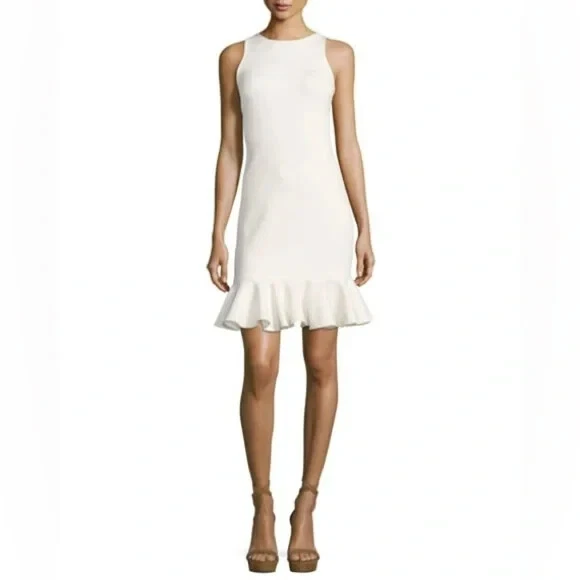 Halston Heritage Ivory Sleeveless Ruffle Shimmer Fitted Cocktail Dress S - Image 2 of 4