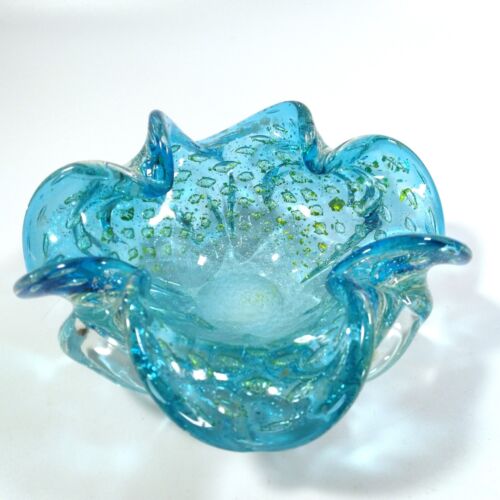 Venetian Italian Murano Glass Bowl or Ashtray Blue Air Bubbles Blue and Yellow - Afbeelding 1 van 7