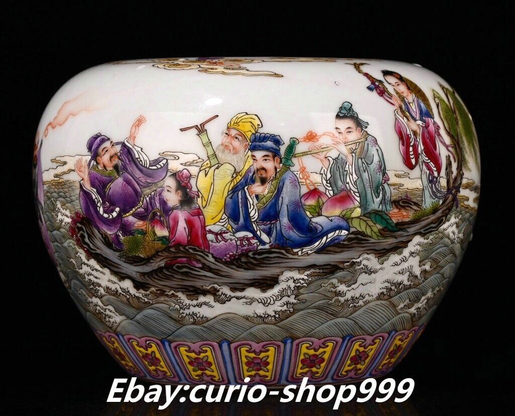 7.4" Qianlong Familia Rosa Porcelana Dorada 8 Inmortales Dios Hada Pluma Lavado Estatua