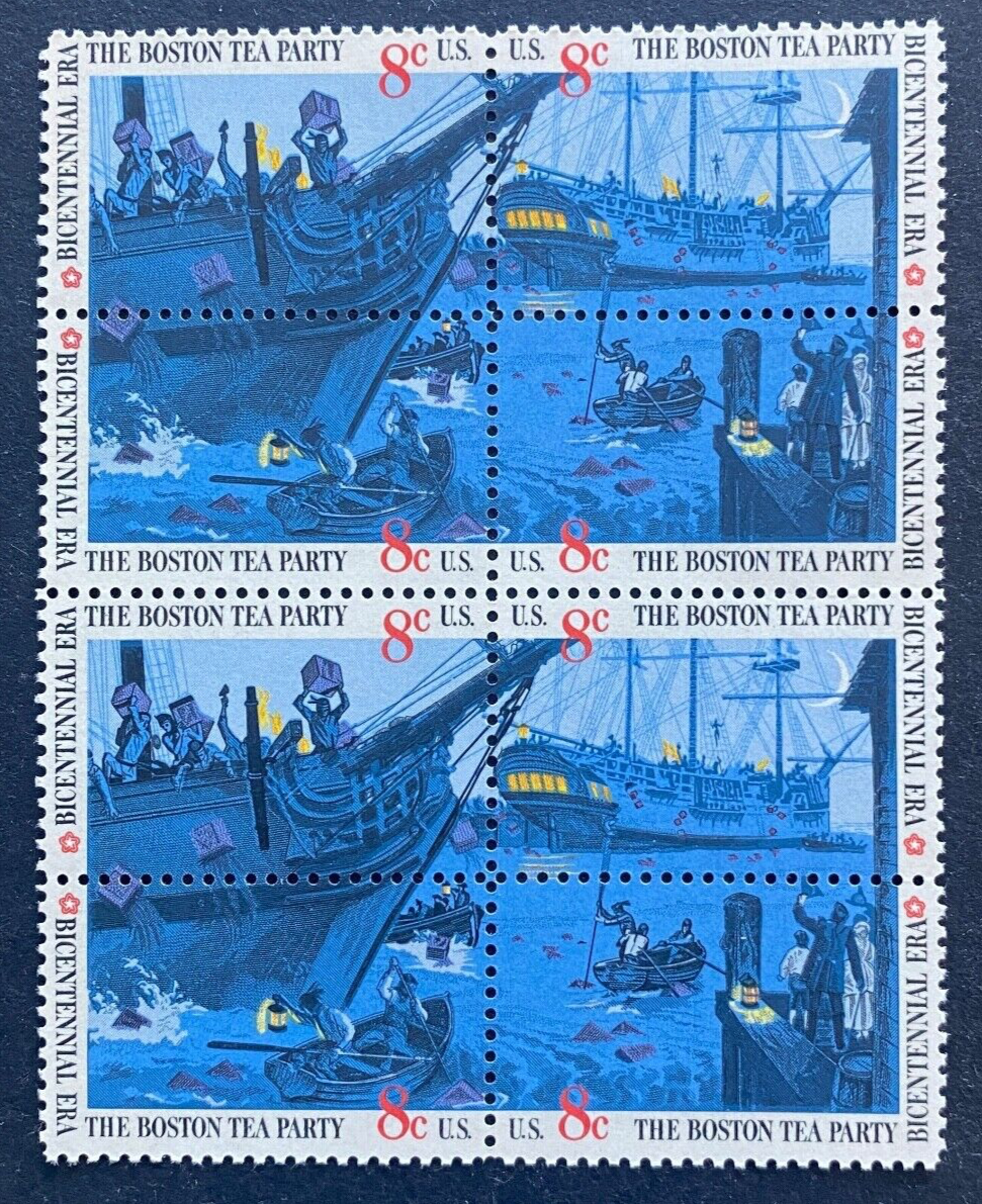 US Stamps, Scott #1480-83 8c 1973 block of 8 of Boston Tea