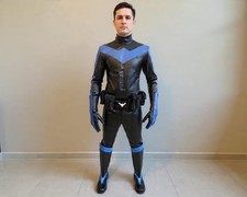 Nightwing Cosplay Leather Suit Black Blue Armor Outfit with Belt and Boots