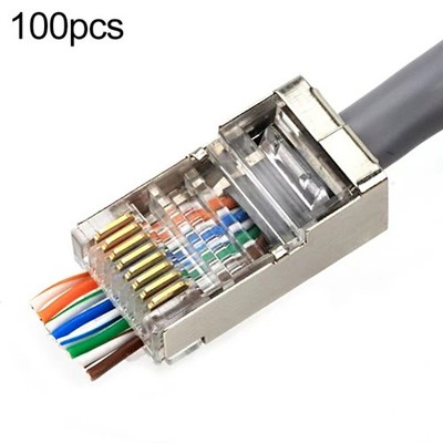 100 Stück geschirmte Durchgangs-RJ45-Stecker für Cat5e-Litze & massives Kabel
