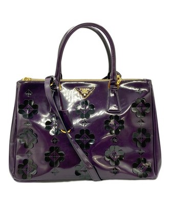 PRADA Patent Leather Flower 2-Way Bag Purple Men Women Used Authentic