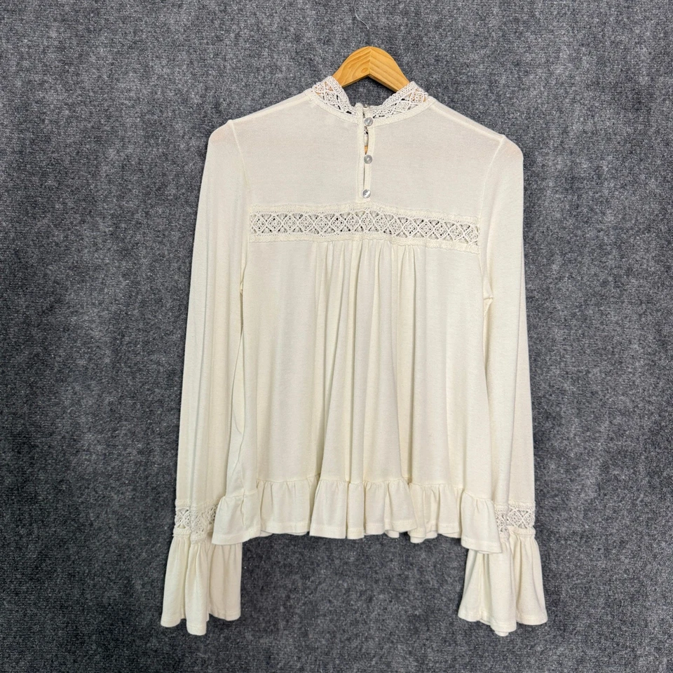 Eri + Ali Shirt Women S Cream Long Sleeve Lace Trim High Neck Boho Cottagecore - Image 2 of 4