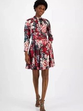 NEW Tahari ASL Women's Red Floral Mock Neck Long Sleeve Belted Dress Size 6