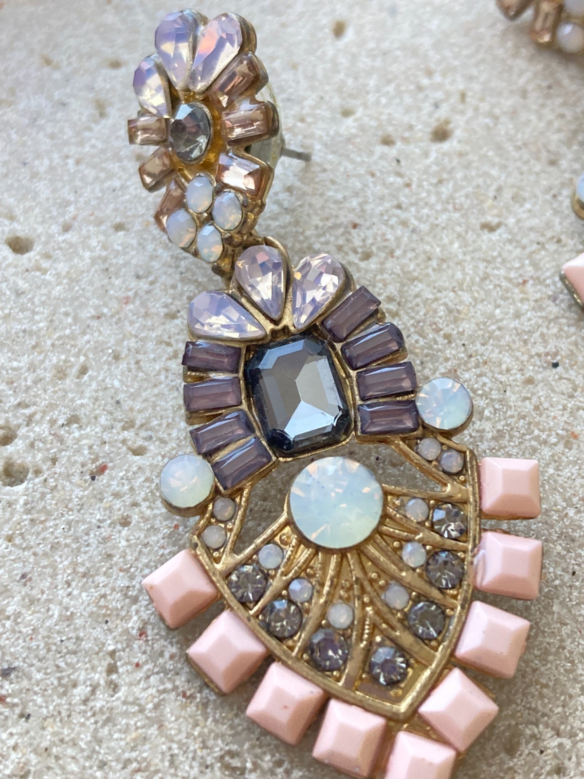 Statement Dangle Earrings Opalescent Cabochons Rh… - image 3