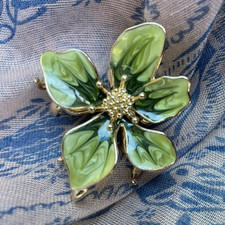 Green  Gold Enamel Metal Floral Flower Hair Clip Women