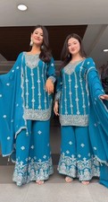 New Arrival Heavy Chinnon Silk Top Palazzo With Blue Dupatta For Engagement