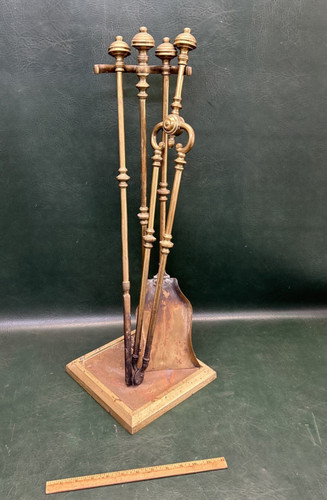 Fine Antique 4 pcs Brass Fireplace Tool Set ~ Early Victorian Era