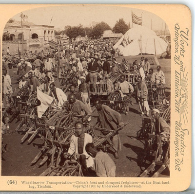 CHINA, Tientsin,Wheelbarrows, Chinas Best Freighters  -Underwood Stereoview L143